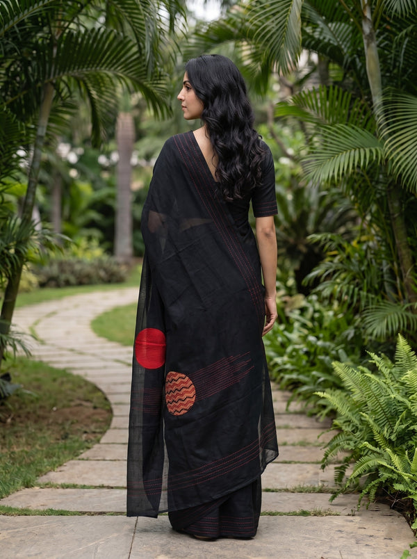 Kota Doria Black Red Circular Chevron Motif Saree