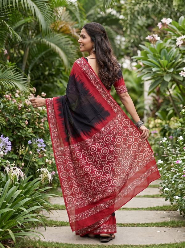 Cotton Maroon Saree with Black Floral Geometric Print