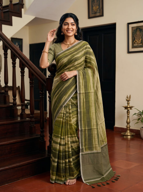 Linen Olive Green Abstract Tie-Dye Print Saree