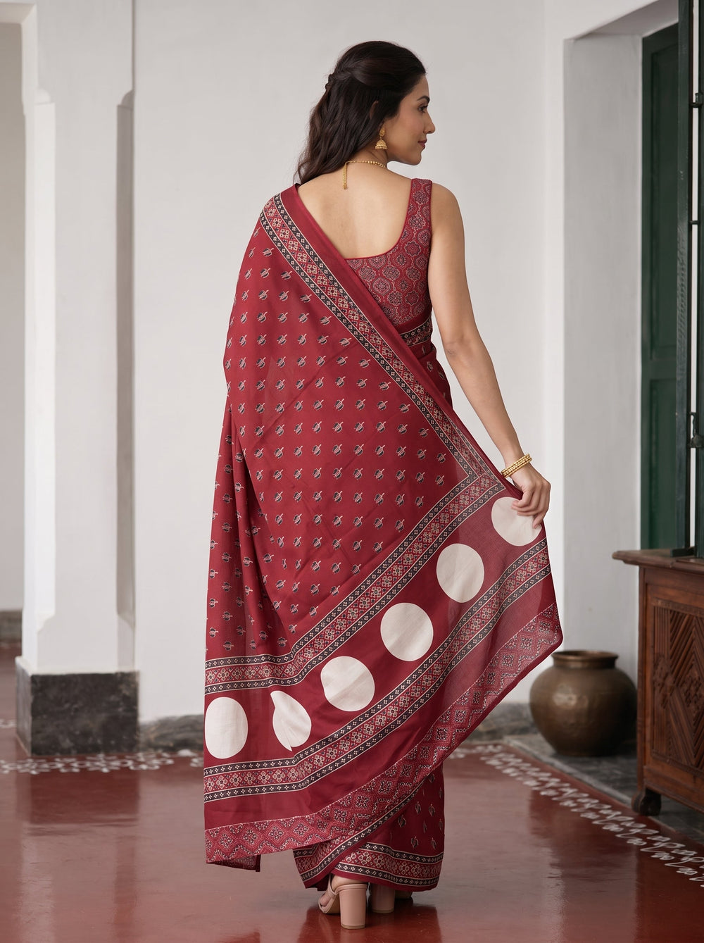 Synthetic Red Floral Booti Print Saree with Black White Ethnic Border