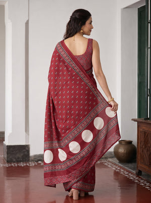 Synthetic Red Floral Booti Print Saree with Black White Ethnic Border