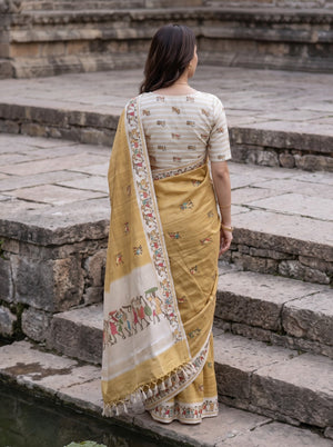 Semi Tussar Mustard Warli Tribal Print Saree