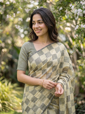 Linen Olive Khaki Checkerboard Weave Saree with Floral Border and Tassels
