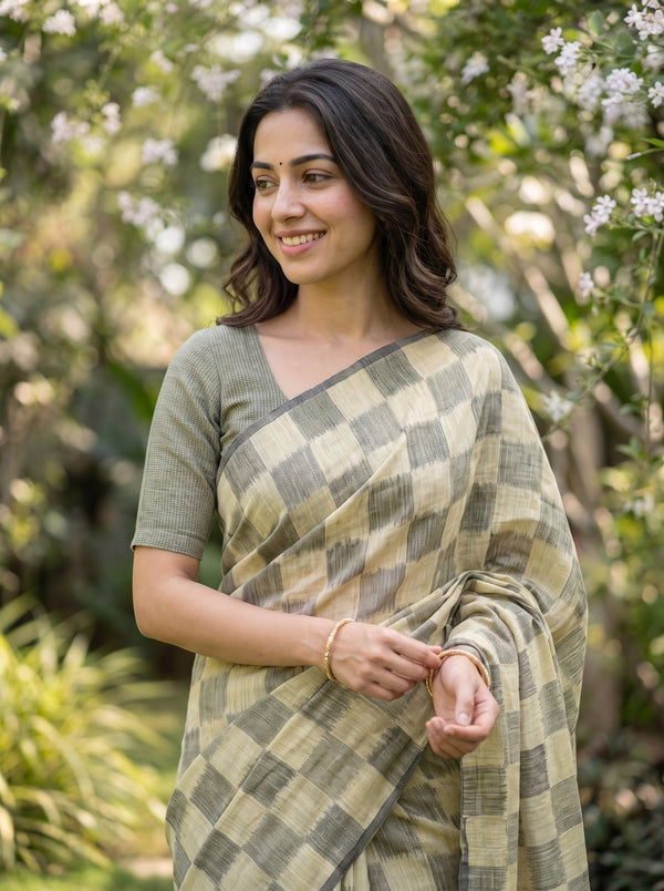 Linen Olive Khaki Checkerboard Weave Saree with Floral Border and Tassels