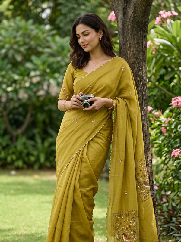 Chanderi Mehandi Green Bird Floral Panel Saree