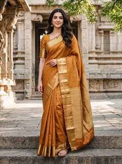 Pure Silk Mustard Orange Saree with Golden Zari Checks and Wide Zari Border Pallu
