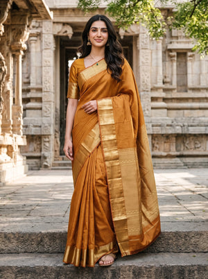 Pure Silk Mustard Orange Saree with Golden Zari Checks and Wide Zari Border Pallu