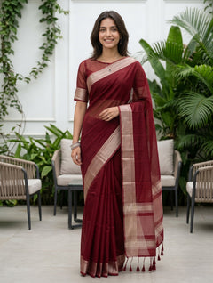 Organza Maroon Copper Striped Border Saree with Tassels