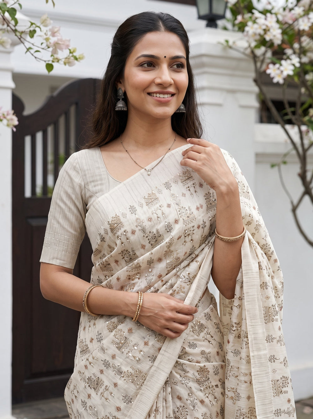 Chanderi Cotton Beige Tribal Beaded Print Saree with Striped Pallu and Tassels