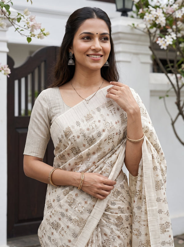Chanderi Cotton Beige Tribal Beaded Print Saree with Striped Pallu and Tassels