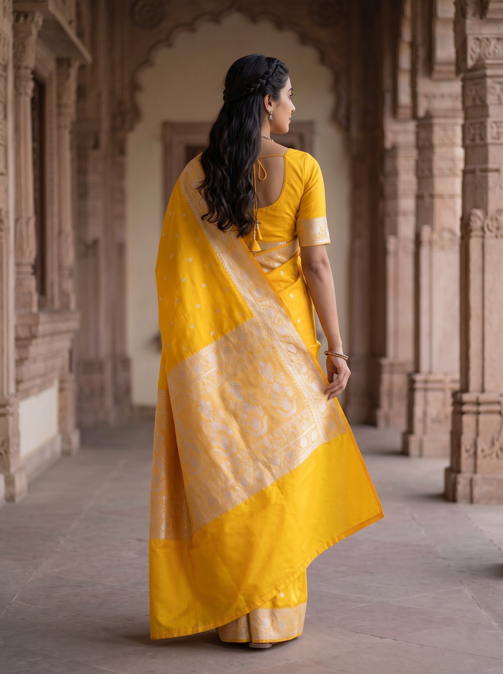 Banarasi Silk Golden Yellow Silver Zari Flower Vase Motif Saree with Tassels