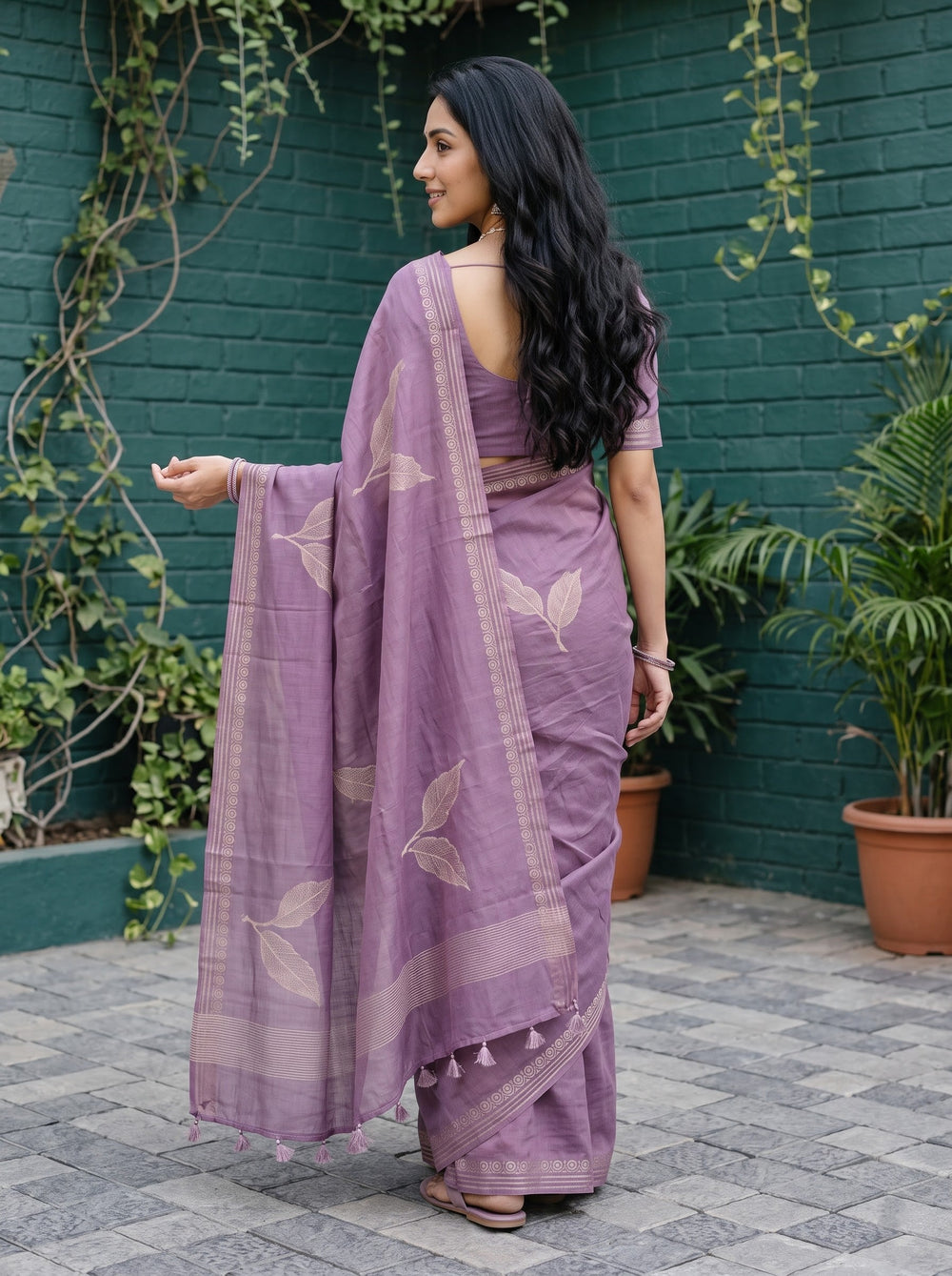 Organza Mauve Purple Veined Leaf Motif Saree & Tassels