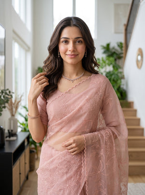 Net Kota Peach Saree with Intricate Floral Embroidery and Scalloped Border