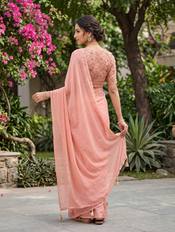 Chiffon Peach Tassel Sequin Embellished Saree
