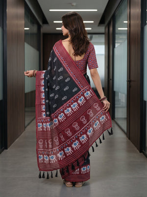 Cotton Black Saree with Ikat Elephant Print Maroon Pallu