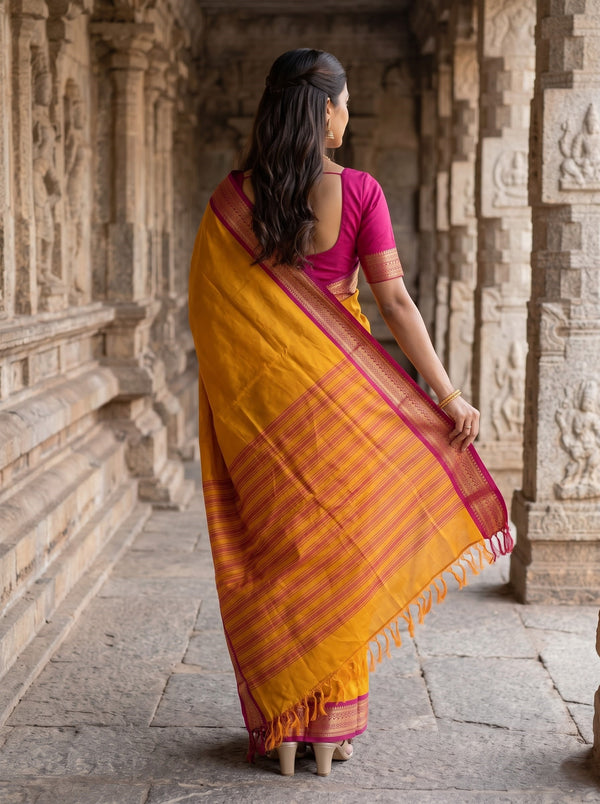 Semi Silk Mustard Yellow Golden Pinstripe Saree with Magenta Zari Border