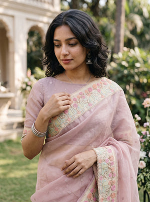 Organza Dusty Pink Saree with Multicolor Floral Border