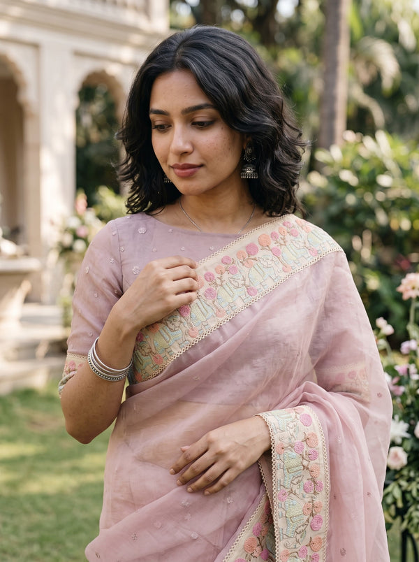 Organza Dusty Pink Saree with Multicolor Floral Border
