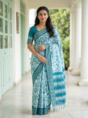 Polycotton Teal Blue Saree with Batik Crackle Print
