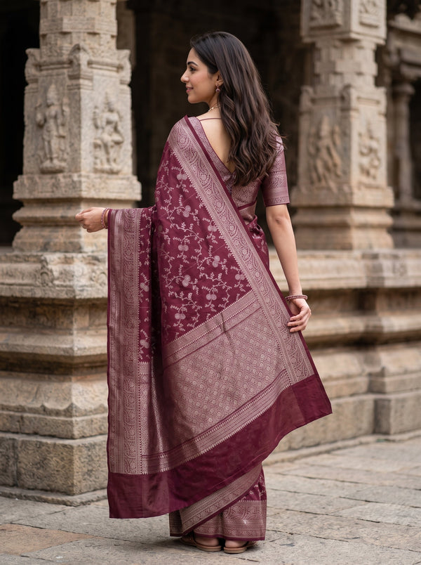 Banarasi Silk Maroon and Zari Floral Branch Saree
