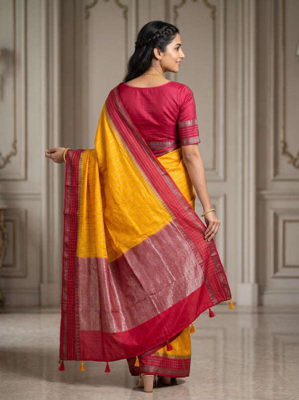 Semi Silk Mustard Saree with Red Temple Border and Zari Woven Pallu