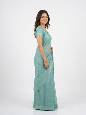 Semi Silk Aqua Blue Textured Stripe Saree