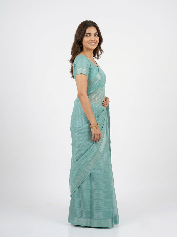 Semi Silk Aqua Blue Textured Stripe Saree