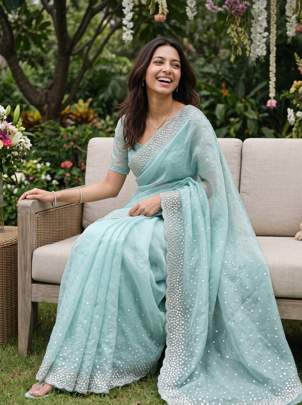 Organza Aqua Blue Pearl Sequin Stone Work Scattered Embroidered Saree