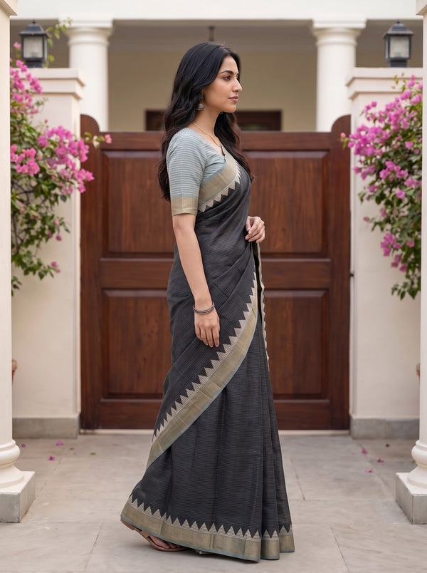 Semi Jute Silk Black Striped Saree with Cream Zigzag Temple Border and Tassels