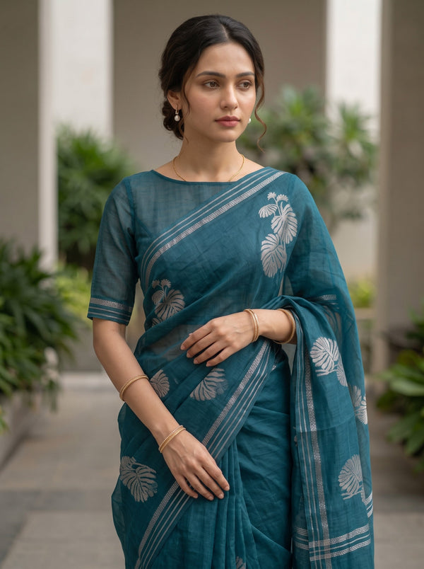 Organza Teal Self-Tone Botanical Motif Saree with Striped Pallu Border and Tassels