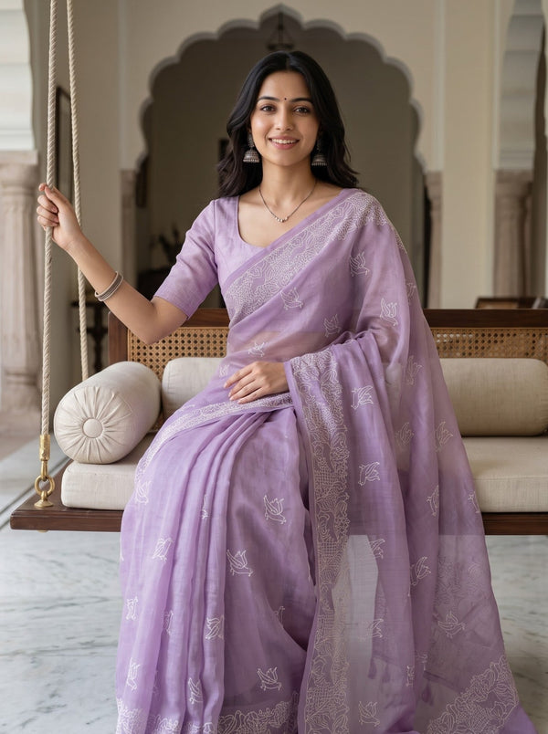 Organza Lilac Saree with Bird Motif Embroidery