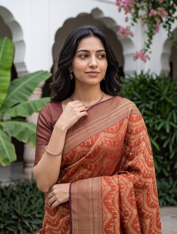 Kanjivaram Brocade Saree in Rust Orange with Maroon Diamond Lattice Pallu