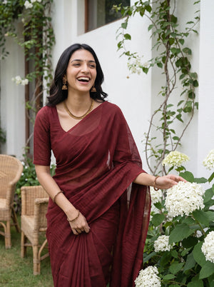 Mul Chanderi Maroon Self-Tone Dobby Weave Leaf Border