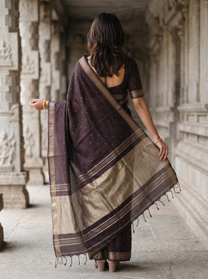 Cotton Dark Plum Copper Golden Dotted Butta Pallu Braided Tassel Saree
