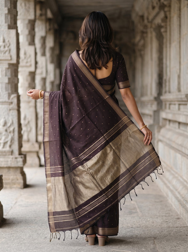 Cotton Dark Plum Copper Golden Dotted Butta Pallu Braided Tassel Saree