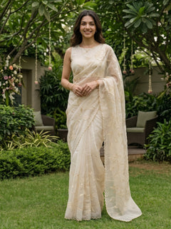 Organza Ivory Floral Embroidery Designer Saree