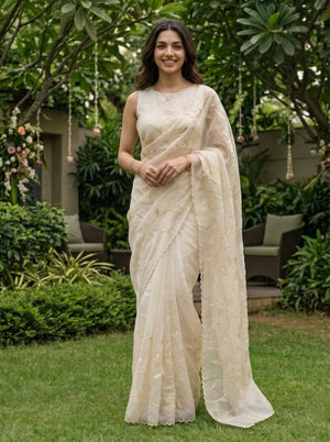 Organza Ivory Floral Embroidery Designer Saree