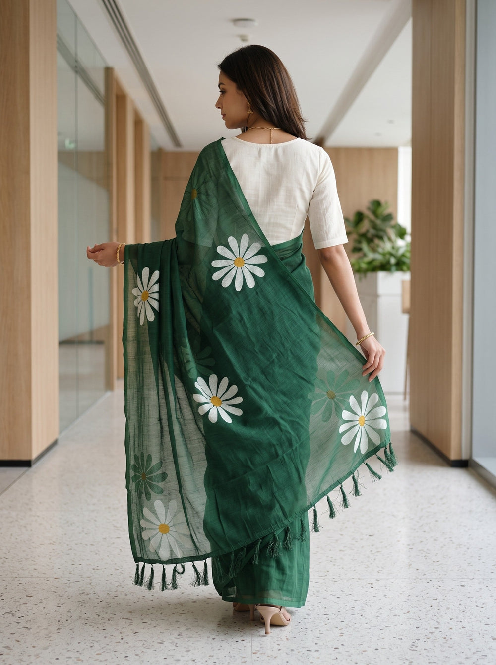Cotton Bottle Green Saree with White Daisy Flower Print