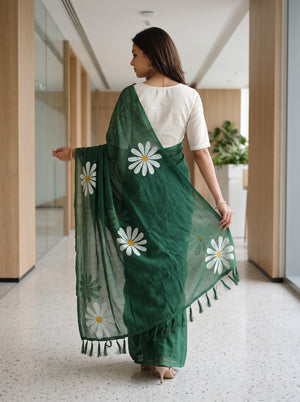 Cotton Bottle Green Saree with White Daisy Flower Print