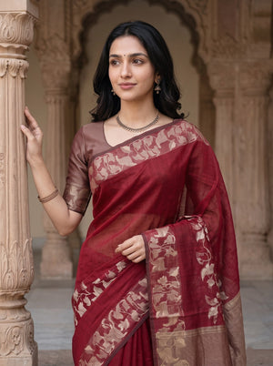 Matka Silk Red and Zari Floral Border Saree