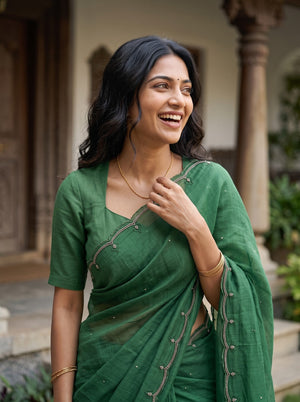 Tussar Green Saree with Scattered Dot Embellishments