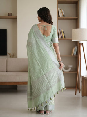 Semi Tussar Sage Green Saree with Cream Floral Vine Border