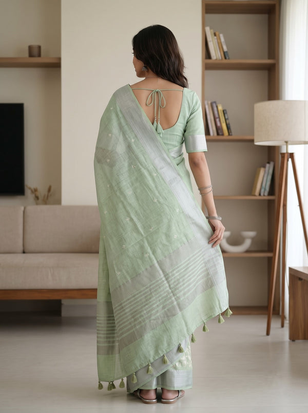 Semi Tussar Sage Green Saree with Cream Floral Vine Border