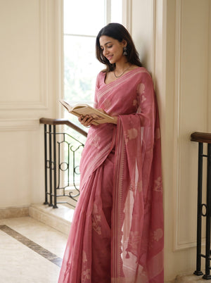 Organza Rose Pink Saree with Self-Tone Floral Branch Print