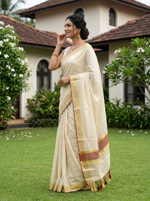 Tissue Sillk Cream Gold Zari Maroon Zig Zag Pattern Set Saree