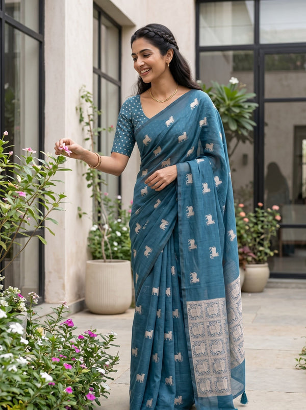 Cotton Silk Teal Blue Saree with animal Motif Mural Pallu