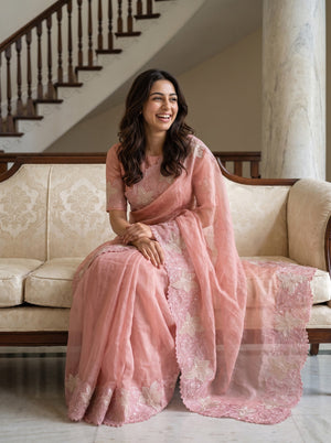 Organza Salmon Pink Leaf Vine Sequin Cutwork Flower Applique Border Saree