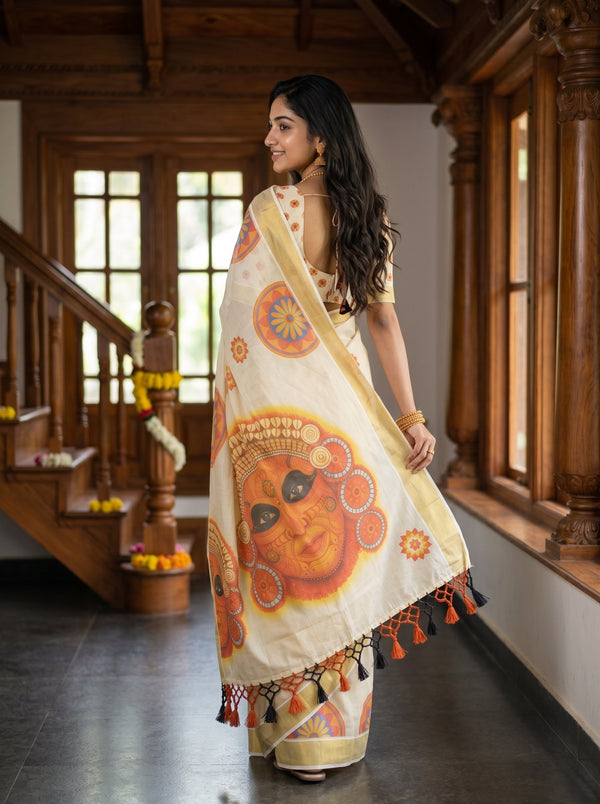 Cotton Cream  Mandala Print with Theyyam Motif Border Set Saree