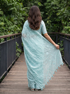 Linen Mint blue Allover Floral Vine Embroidered Saree with Tassels