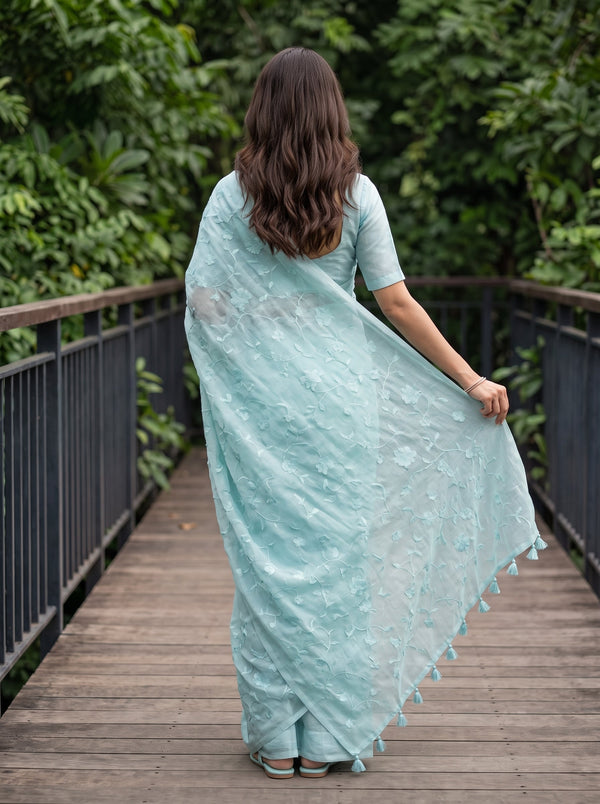 Linen Mint blue Allover Floral Vine Embroidered Saree with Tassels